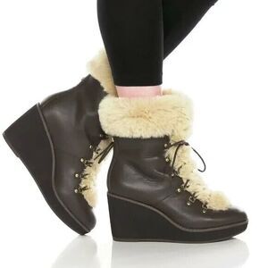 Ralph Lauren Rachele Women's Boots 6.5 Brown Wedge Embossed Leather Faux…